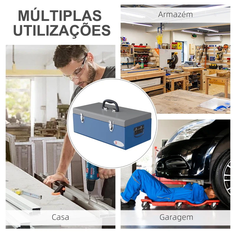 DURHAND Caixa de Ferramentas Metálica Baú de Ferramentas de Aço 50x26x18,5 cm com Pegas de Transporte Carga 20 kg Cinza e Azul