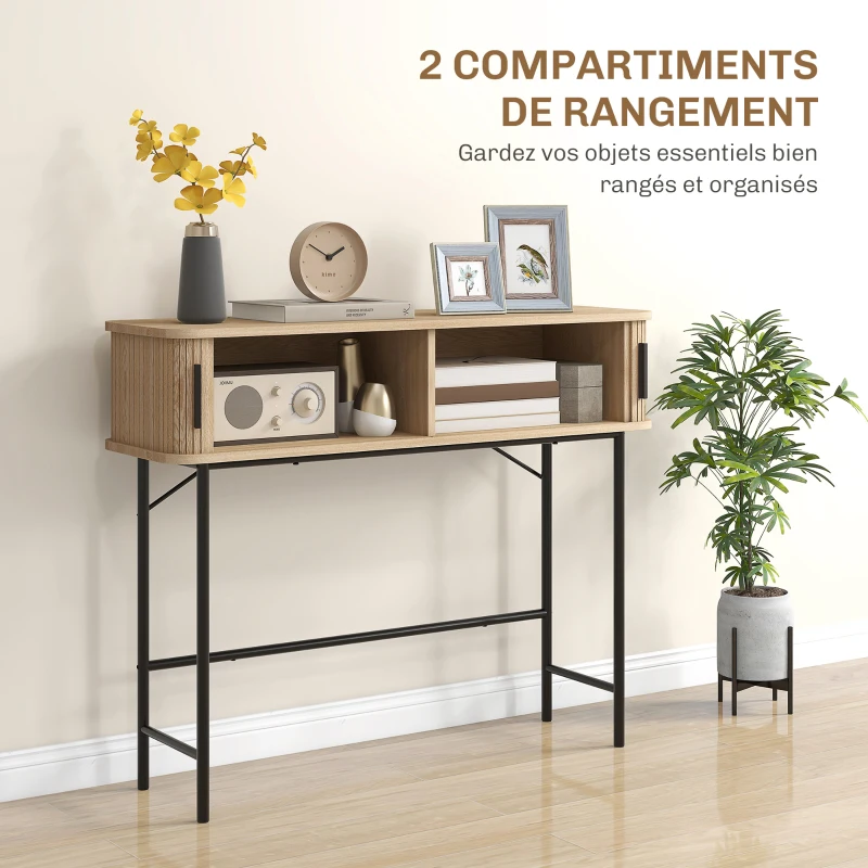 HOMCOM Console meuble, table console avec portes coulissantes à lattes et pieds en acier, pour salon, chêne et noir