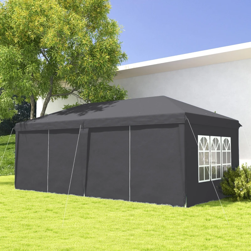 Outsunny Outsunny 3 x 6 m Garden Pop Up Gazebo, Wedding Party Tent Marquee, Water Resistant Awning Canopy with Sidewalls, Windows, Carry Bag, Grey