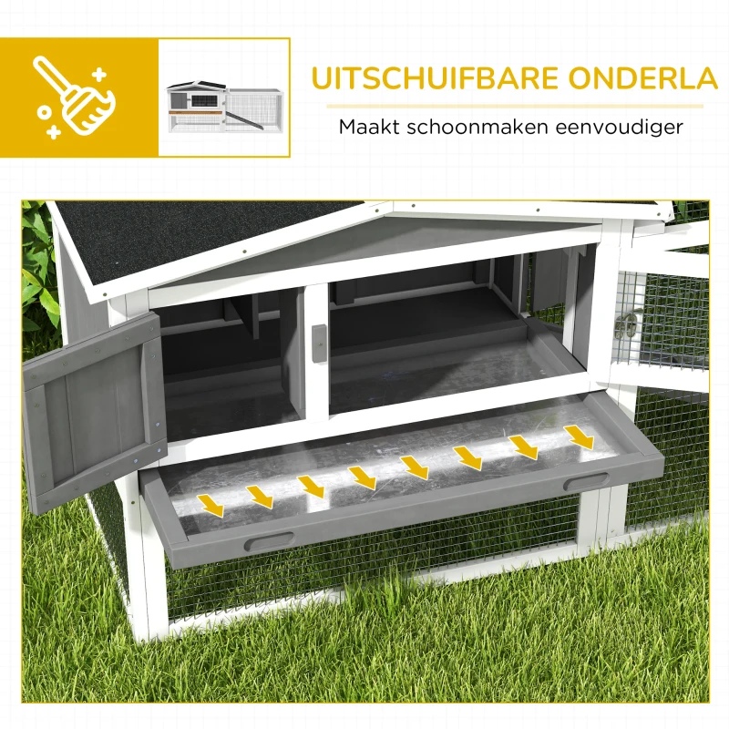 PawHut Konijnenhok van Sparrenhout met Asfaltdak, Kleine Dierenverblijf, 156 x 58 x 68 cm, Lichtgrijs