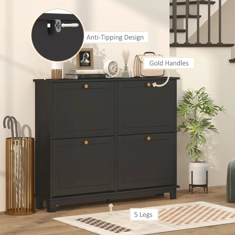 HOMCOM Narrow Shoe Storage Cabinet, Slim Shoe Cabinet with 4 Flip Drawers, Adjustable Shelves for 16 Pairs of Shoes, Black