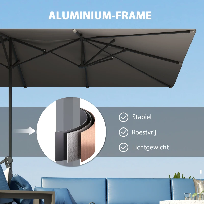 Outsunny Dubbelzijdige Parasol, 451 x 264 cm Zonnescherm met Zwengelsysteem, 12 Metalen Ribben, Aluminium Mast, Donkergrijs