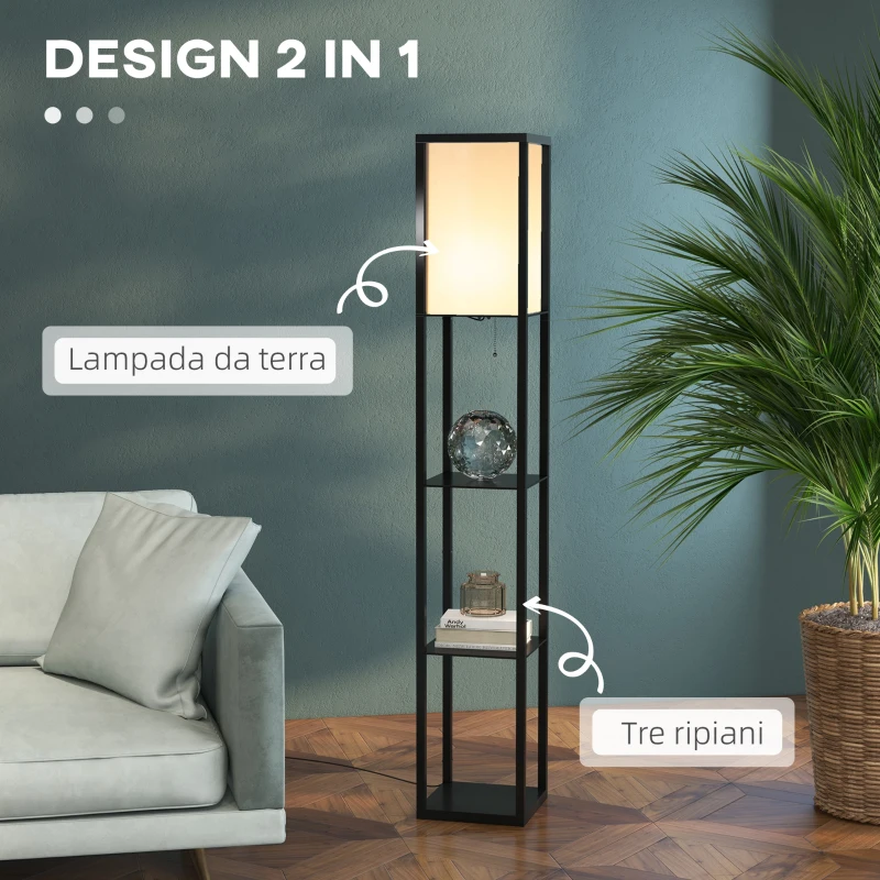 HOMCOM Lampada a Terra 40W con 3 Mensole Integrate e Interruttore a Pedale, Lampada Moderna in MDF e PS, 26x26x160 cm, Nero e Bianco