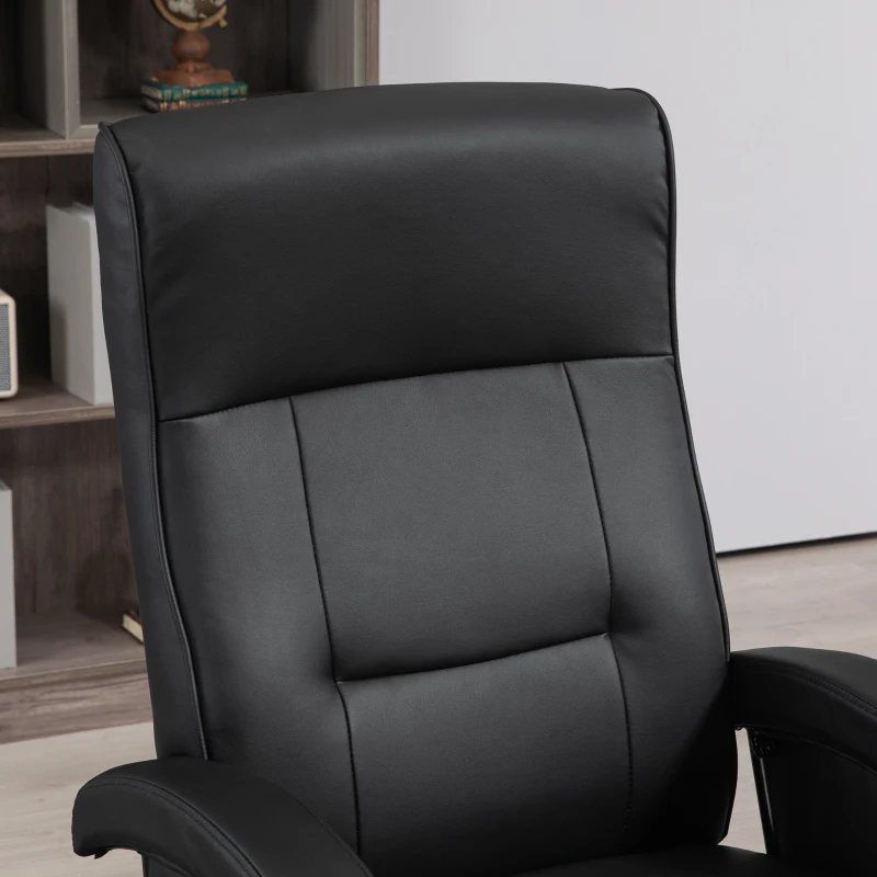 HOMCOM Drehbarer Polsterstuhl, Kunstleder, Fußstütze, Holzbasis, neigbar, Schwarz(m-8)