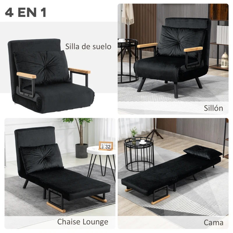 HOMCOM Sofá Cama Individual Plegable Silla Cama Convertible 4 en 1 Respaldo Ajustable de 5 Niveles y Almohada 63x73x81 cm Negro