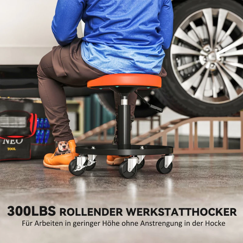 HOMCOM Werkplaatskruk op Wielen met Opbergvak en Hoogteverstelling 38-50cm tot 135 kg Belastbaar, Oranje(m-4)