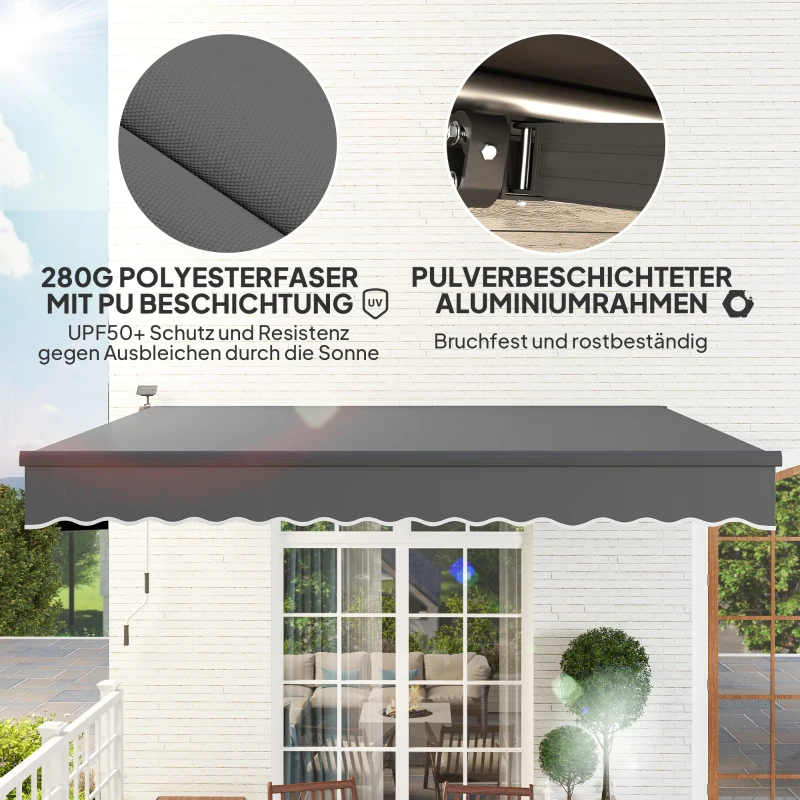 Outsunny Klemmmarkise mit Handkurbel Solar-Lichte Gelenkarmmarkise Markise Sonnenschutz UV 50+ 400 cm breit Grau