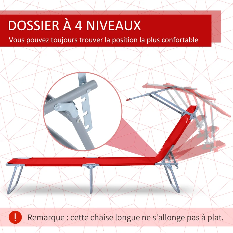 Outsunny Transat Bain de Soleil Pliable Chaise Longue Pliante Grand Confort Dossier Inclinable Multi-positions et Pare-Soleil réglable Dim. 187L x 58l x 36H cm rouge