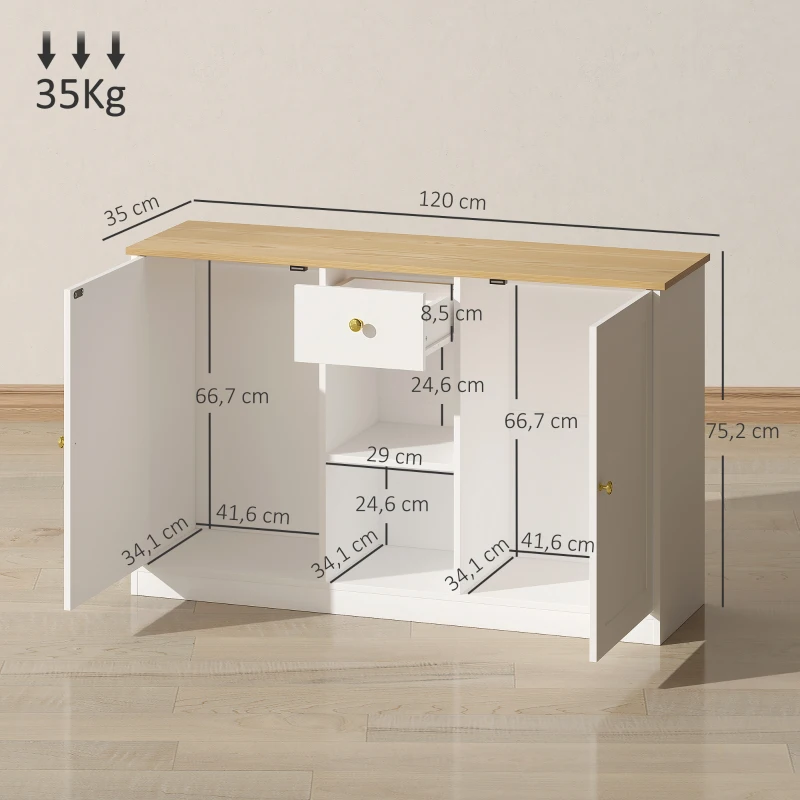HOMCOM Küchenkommode, Sideboard mit Schublade, Schränken, Regalen, Spanplatte, Weiß(m-3)