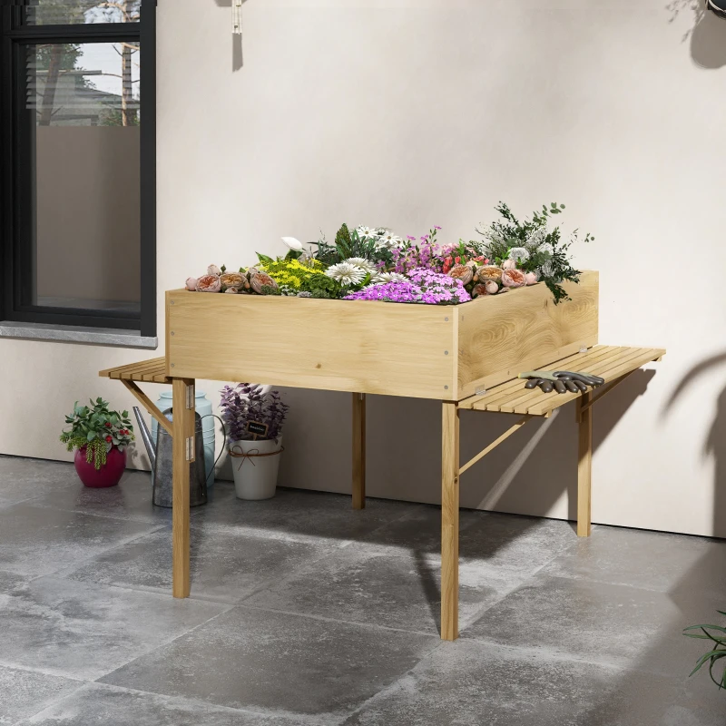 Outsunny Houten verhoogde plantenbak met 12 scheidingsroosters, inklapbare zijplanken, weerbestendig, sparrenhout, 122 x 91,5 x 89 cm