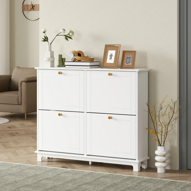 HOMCOM Narrow Shoe Storage Cabinet, Slim Shoe Cabinet with 4 Flip Drawers, Adjustable Shelves for 16 Pairs of Shoes, White