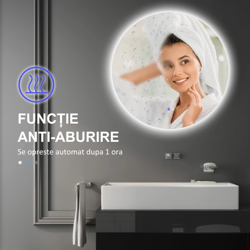 Kleankin Oglinda de Baie Rotunda cu Lumina LED in 3 Culori si intrerupatoare Touch, Ø70x3.5 cm, Transparent