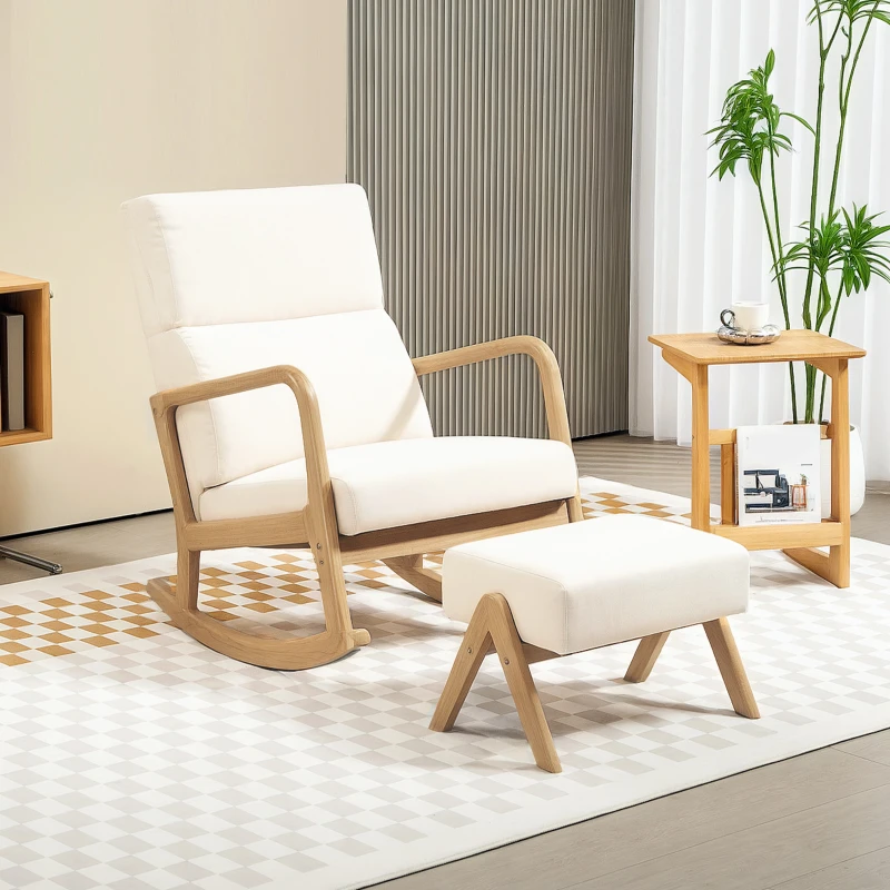 HOMCOM Schommelstoel met Kruk, Zachte Bekleding, Linnenlook, Houten Frame, Crèmewit(m-7)