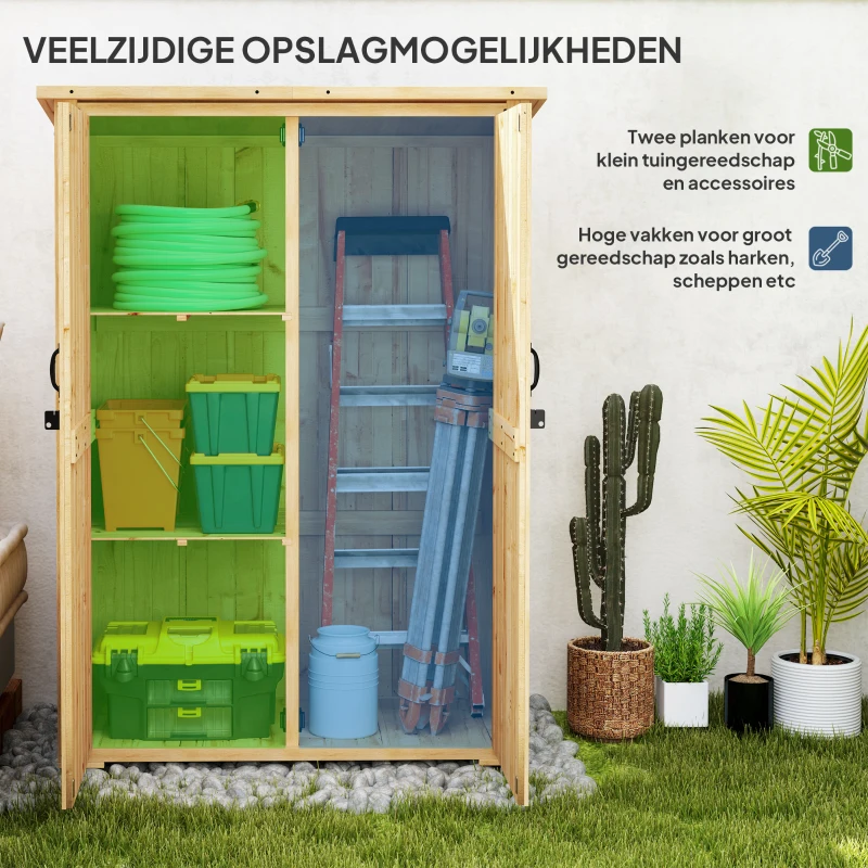 Outsunny Tuinopslagschuur, houten schuur voor gereedschap en tuinapparatuur, asfaltdak, dubbele deuren, sparrenhout, lichtbruin(m-4)