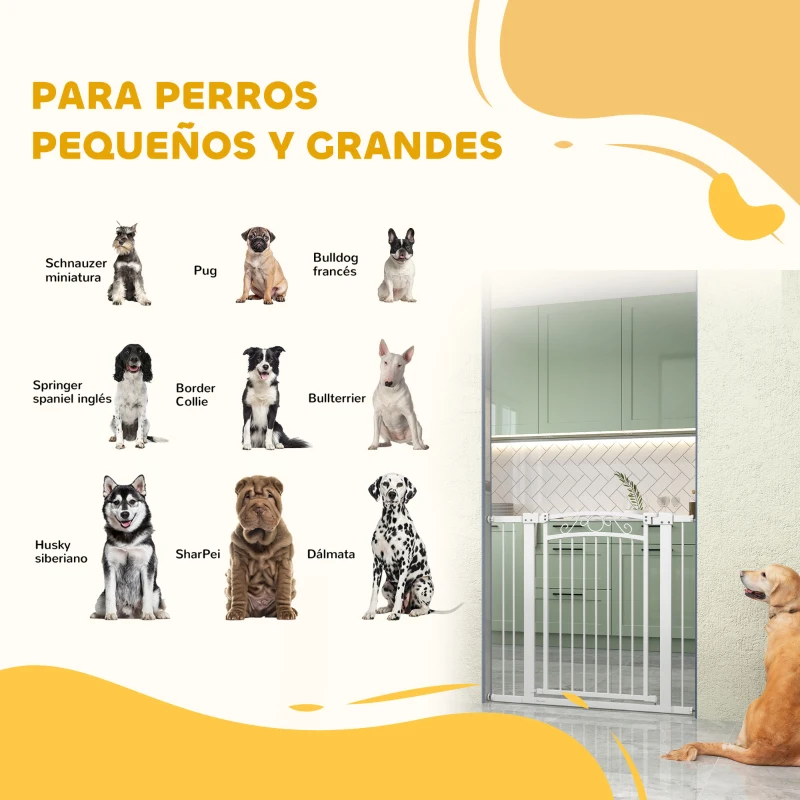 PawHut Puerta para Perros con Ancho Ajustable 76-104 cm Barrera de Seguridad con 2 Extensiones y Doble Bloqueo Blanco