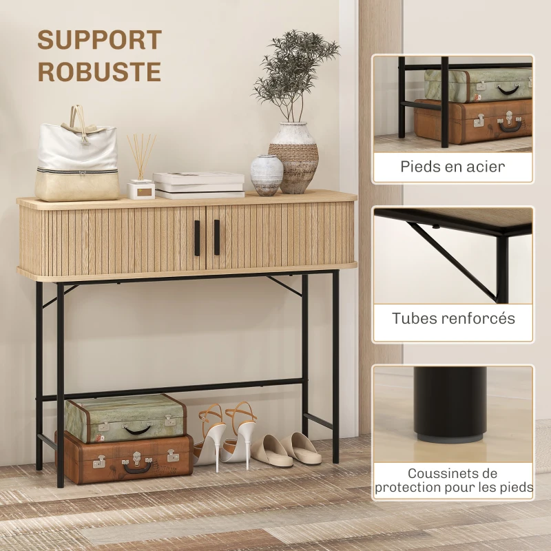 HOMCOM Console meuble, table console avec portes coulissantes à lattes et pieds en acier, pour salon, chêne et noir