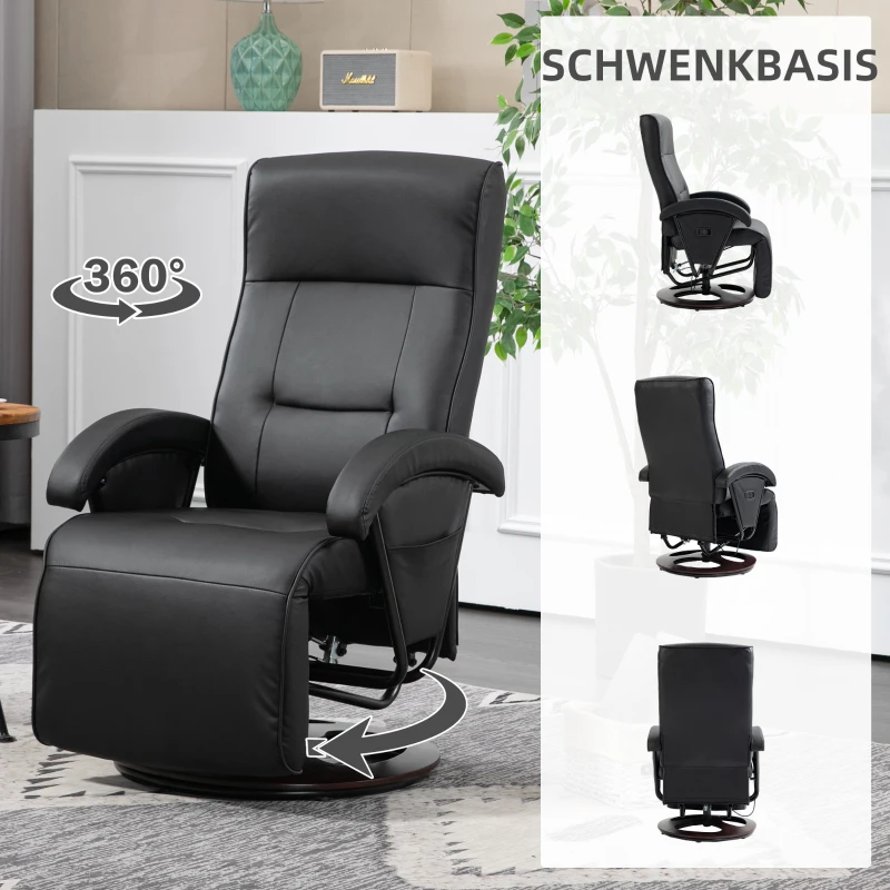 HOMCOM Drehbarer Polsterstuhl, Kunstleder, Fußstütze, Holzbasis, neigbar, Schwarz(m-6)