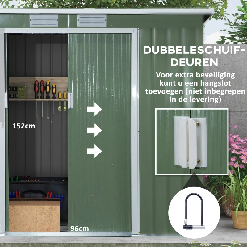 Outsunny Tuinschuur met Ventilatieraampjes, Schuifdeuren, van Gegalvaniseerd Staal, 213 x 130 x 159 cm, Groen