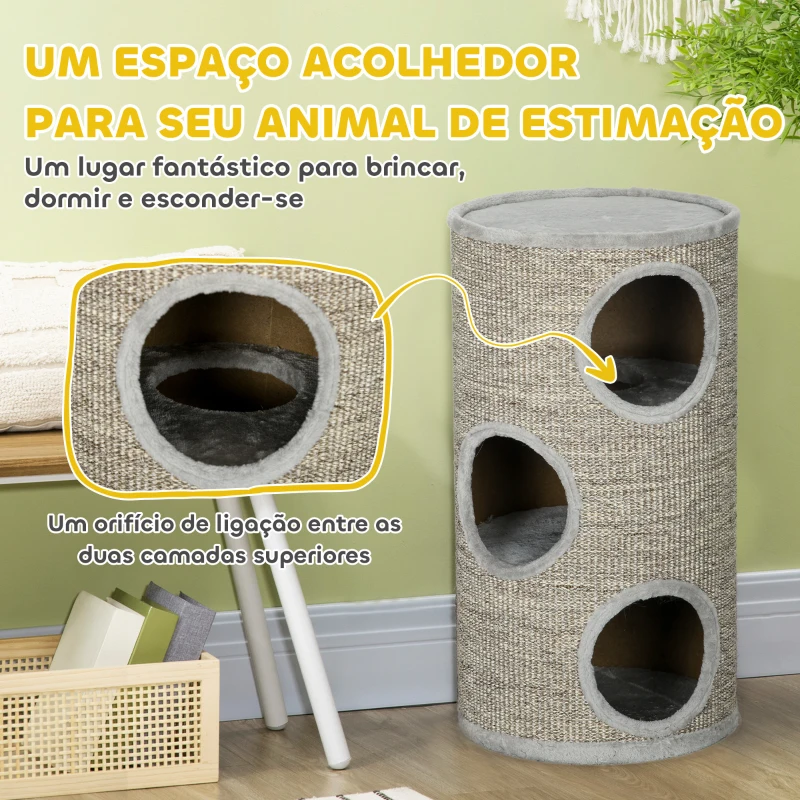 PawHut Barril para Arranhar Gatos de 3 níveis Torre para Arranhar Gatos com 3 Entradas e Tampa em Sisal Ø38x70cm Cinzento Claro