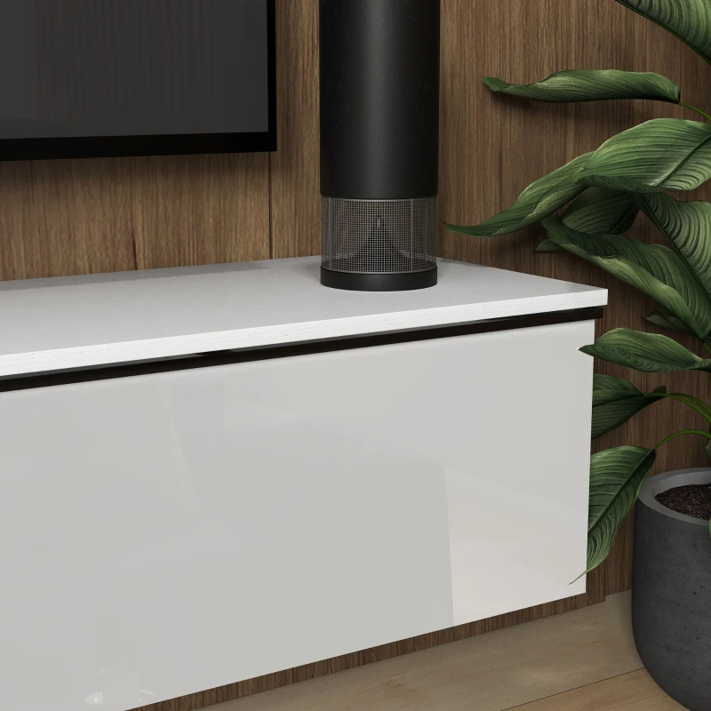 HOMCOM Meuble TV suspendu avec placard, pour téléviseurs jusqu'à 70 pouces, effet brillant, blanc