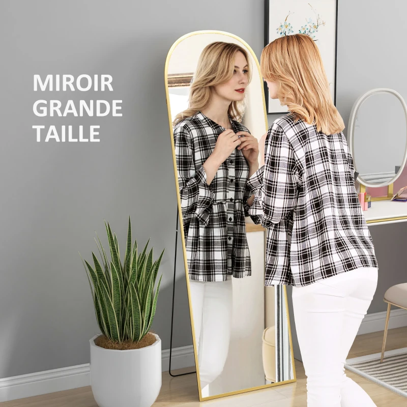 HOMCOM Miroir sur pied rectangulaire arrondi cadre en aluminium avec support pour entrée chambre dressing 50 x 161,5 cm doré