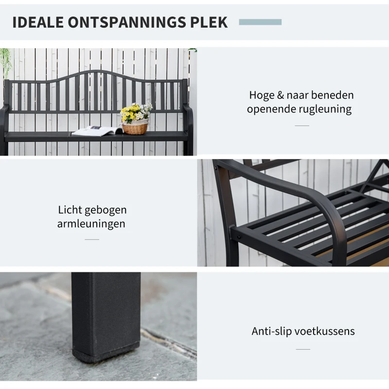 Outsunny Tuinbank met uitschuifbare tafel voor 2-3 personen Metalen parkbank Zitbank Terrasbank met rugleuning en armleuningen Tuinmeubels Zwart 150 x 58.5 x 90 cm