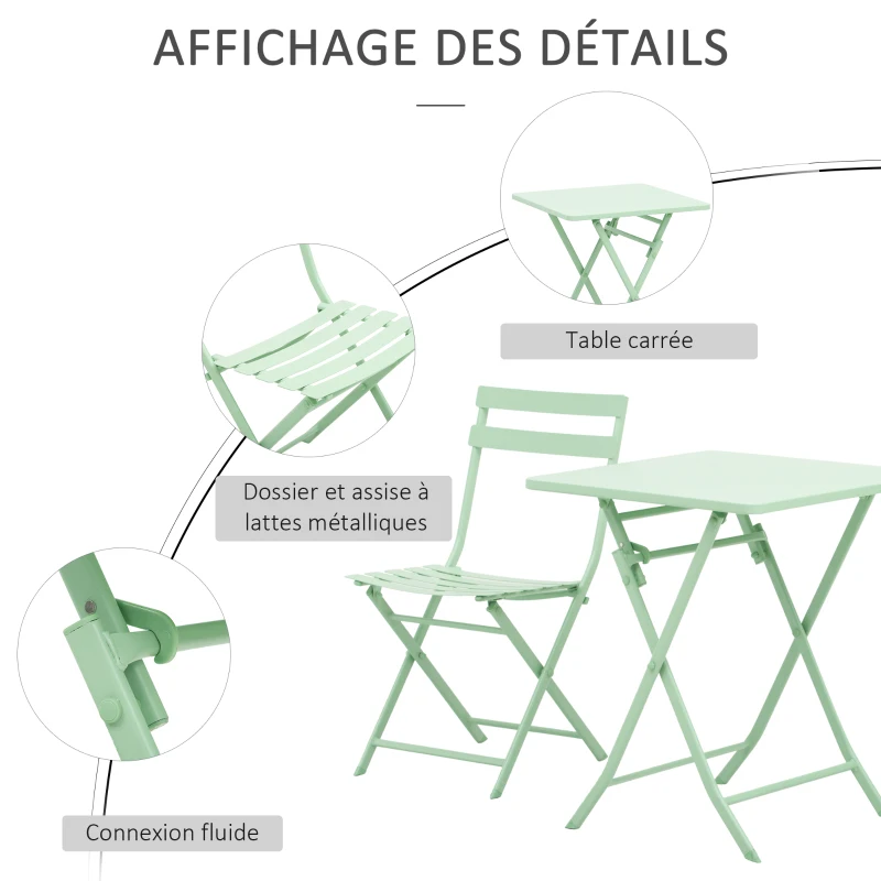 Outsunny Salon de jardin bistro pliable - table carrée dim. 60L x 60l x 71H cm avec 2 chaises - métal thermolaqué vert d'eau
