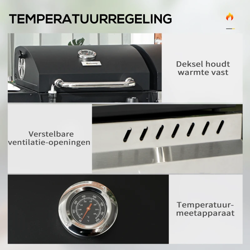 Outsunny Gasgrill BBQ-Grill, inclusief thermometer, warmhoudplaten, 161 x 53 x 101 cm, Zwart + Zilver