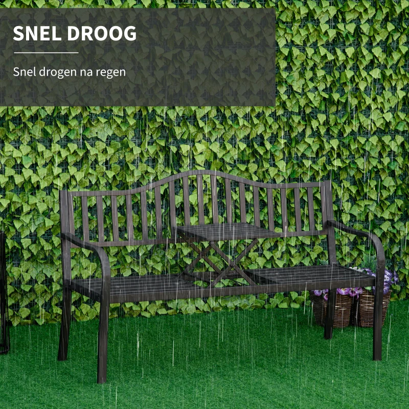 Outsunny Tuinbank met uitschuifbare tafel voor 2-3 personen Metalen parkbank Zitbank Terrasbank met rugleuning en armleuningen Tuinmeubels Zwart 150 x 58.5 x 90 cm