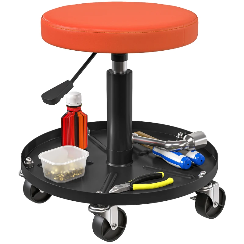 HOMCOM Werkplaatskruk op Wielen met Opbergvak en Hoogteverstelling 38-50cm tot 135 kg Belastbaar, Oranje(m-10)