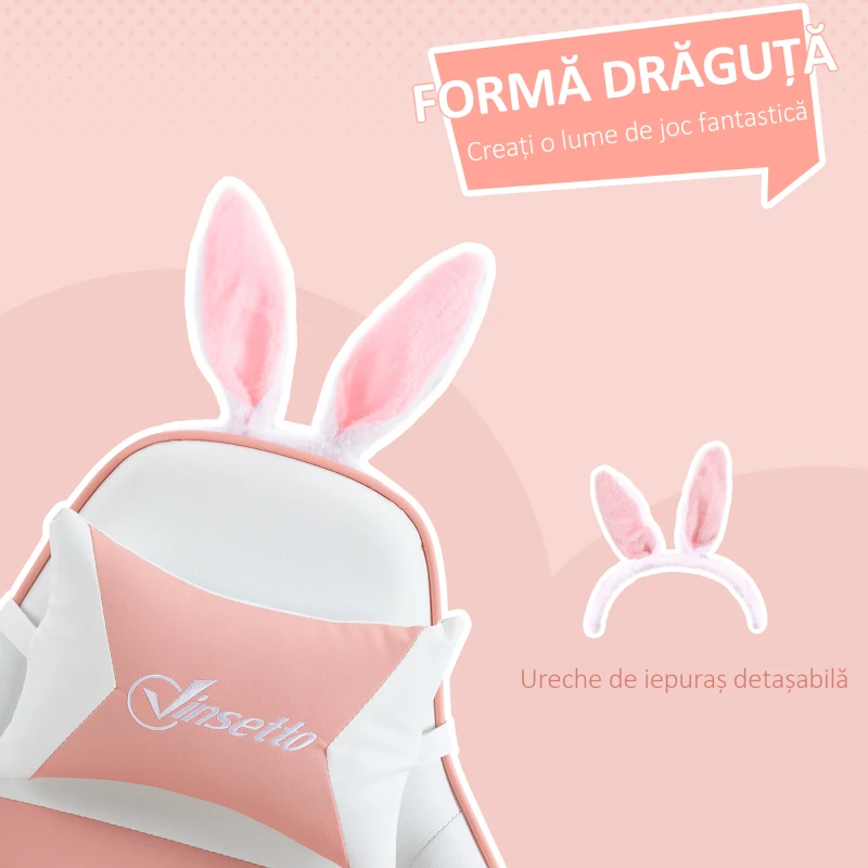 Vinsetto Scaun de Gaming Ergonomic cu Urechi de Iepure și Suport pentru Picioare Extensibil, 65x63x136-142 cm, Roz