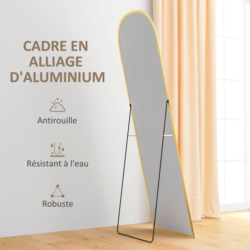 HOMCOM Miroir sur pied rectangulaire arrondi cadre en aluminium avec support pour entrée chambre dressing 50 x 161,5 cm doré