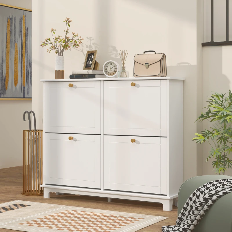 HOMCOM Narrow Shoe Storage Cabinet, Slim Shoe Cabinet with 4 Flip Drawers, Adjustable Shelves for 16 Pairs of Shoes, White