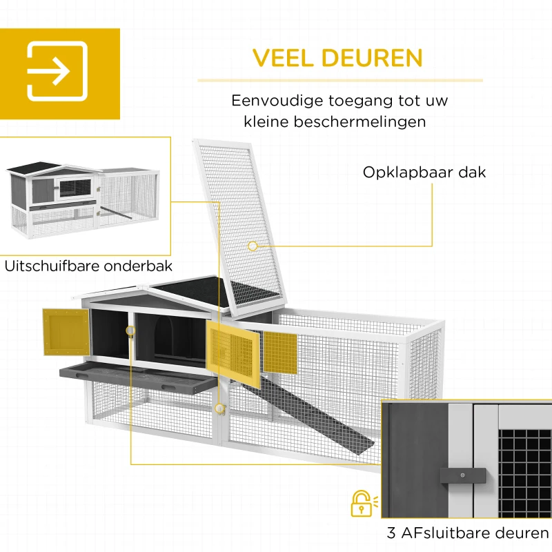 PawHut Konijnenhok van Sparrenhout met Asfaltdak, Kleine Dierenverblijf, 156 x 58 x 68 cm, Lichtgrijs