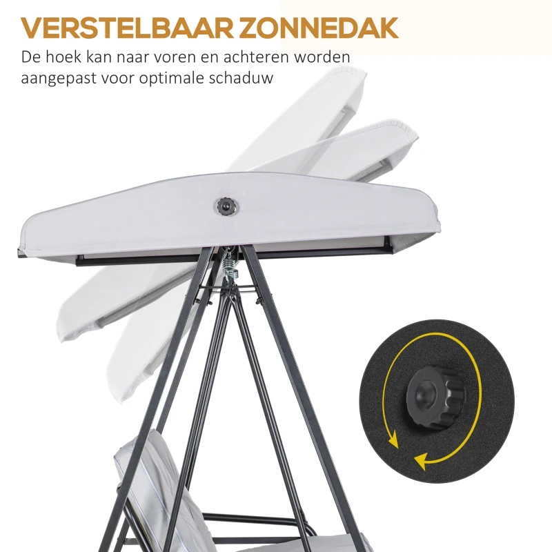 Outsunny Hollywoodschommel, 2-zits tuinschommel met verstelbaar dak, tot 220 kg belastbaar, 145 x 116 x 172 cm, Grijs