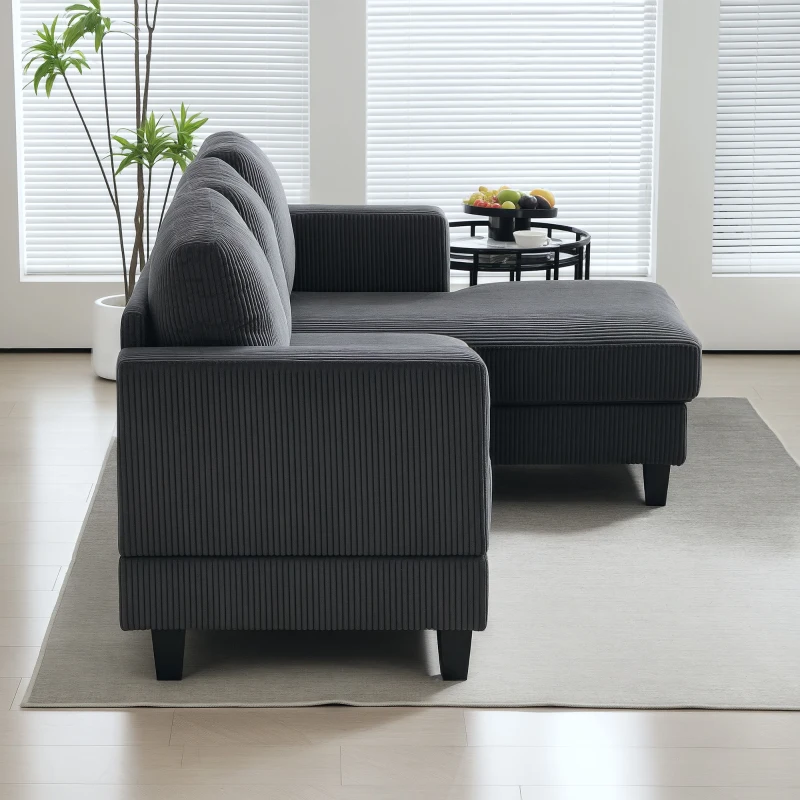 HOMCOM Ecksofa, L-förmiges 3-Sitzer-Sofa mit Chaiselongue, Holzkonstruktion, 8 Beine, Cordstoff, Schaumstoffpolsterung, Grau(m-9)