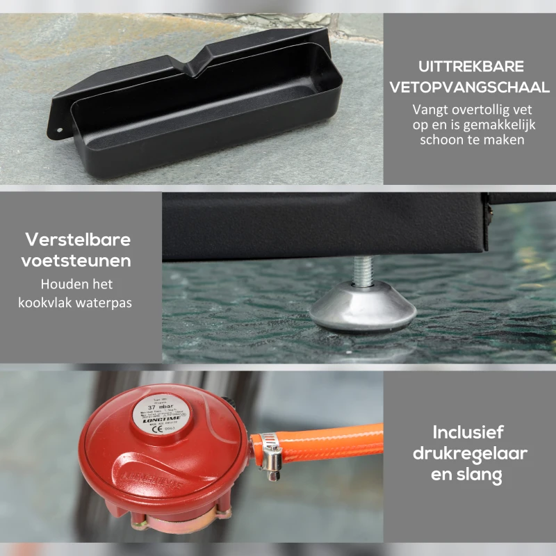 Outsunny Gasgrill met 3 Branders, Slang, Anti-aanbak Grillplaat, Roestvrijstaal, Kleur: Zilver, 63 x 48 x 21 cm