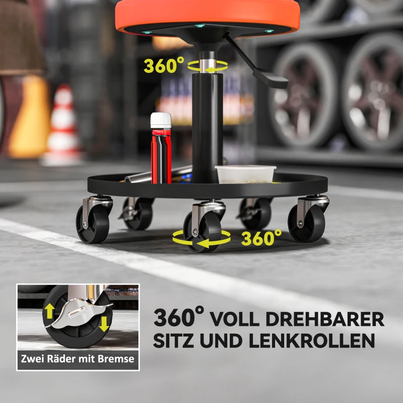 HOMCOM Werkplaatskruk op Wielen met Opbergvak en Hoogteverstelling 38-50cm tot 135 kg Belastbaar, Oranje(m-7)