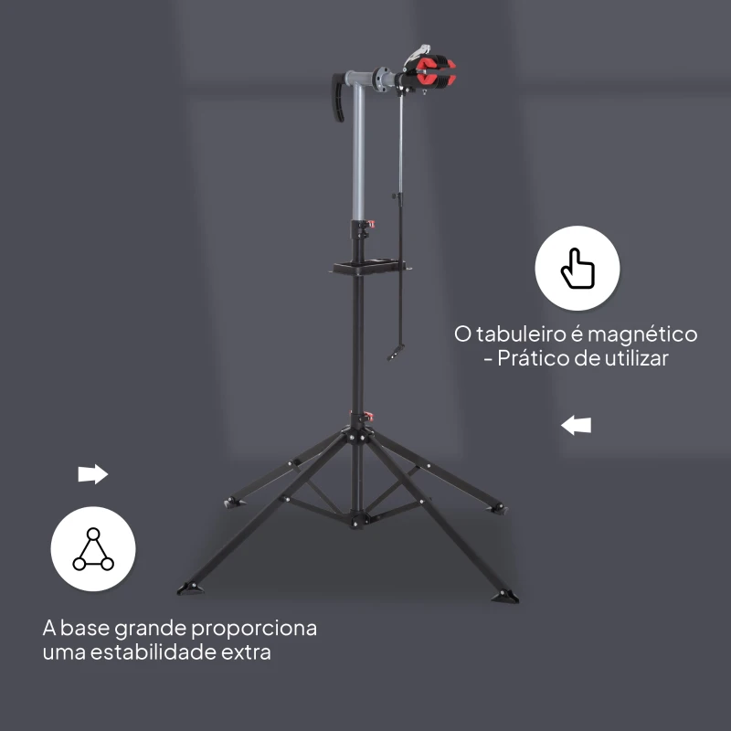 HOMCOM Suporte para Reparação de Bicicleta com Suporte para Ferramentas Altura Ajustável e Giratório 100x100x109-180 cm Preto