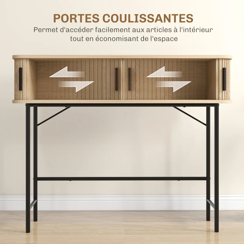 HOMCOM Console meuble, table console avec portes coulissantes à lattes et pieds en acier, pour salon, chêne et noir