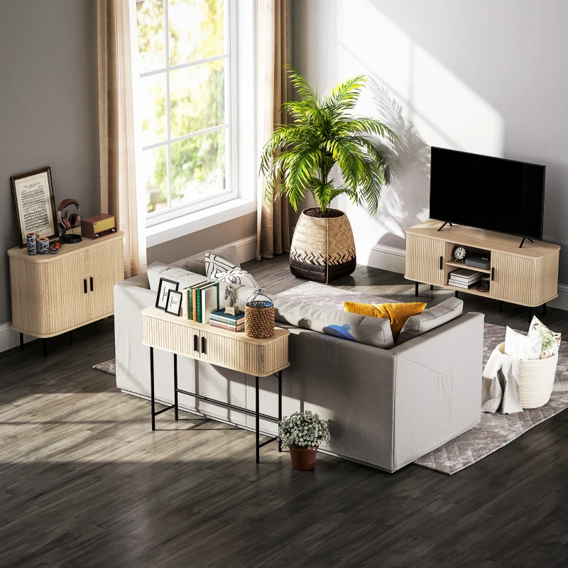 HOMCOM Console meuble, table console avec portes coulissantes à lattes et pieds en acier, pour salon, chêne et noir