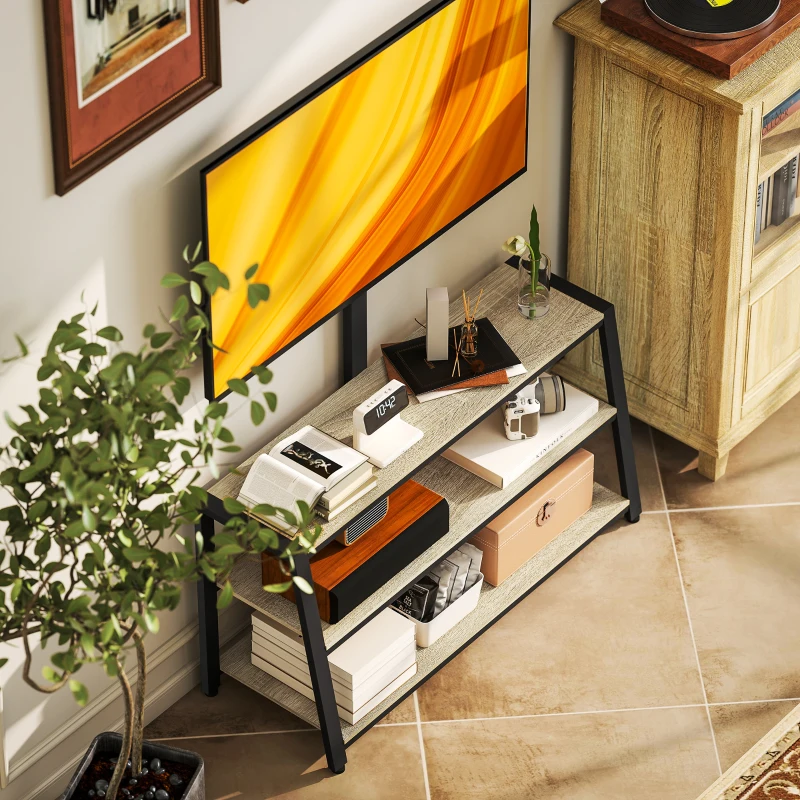 HOMCOM Meuble TV avec support pour téléviseurs de 32-70 pouces, étagères ouvertes, angle ajustable 35°, 108x41x135cm, effet bois naturel