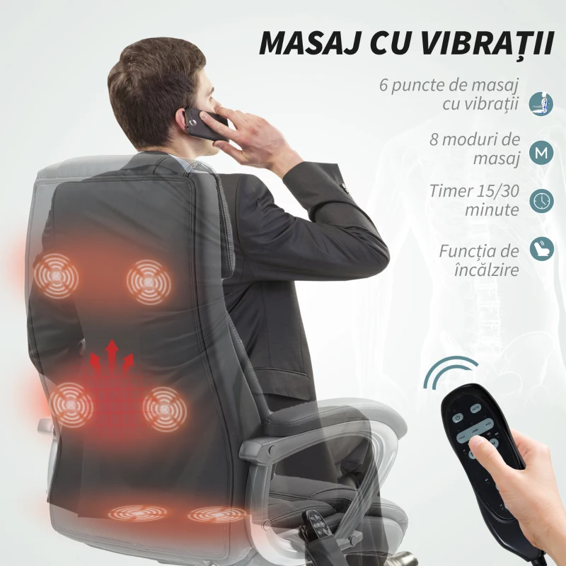 HOMCOM Scaun de Birou cu Masaj în 6 Puncte, Vibrant și Înclinabil, cu Buzunar și Telecomandă, 66x72x113-121 cm, Gri(m-4)