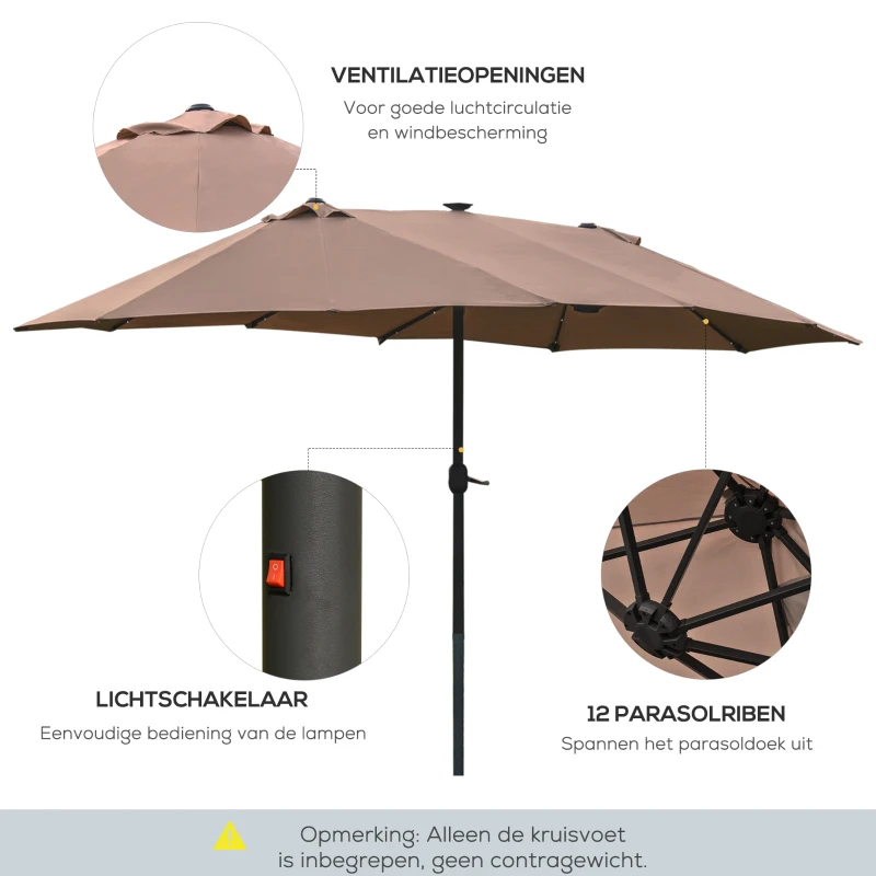 Outsunny parasol met LED dubbele parasol 440 x 260 cm tuinparasol marktparasol grote terrasparasol met handslinger ovaal metaal kaki