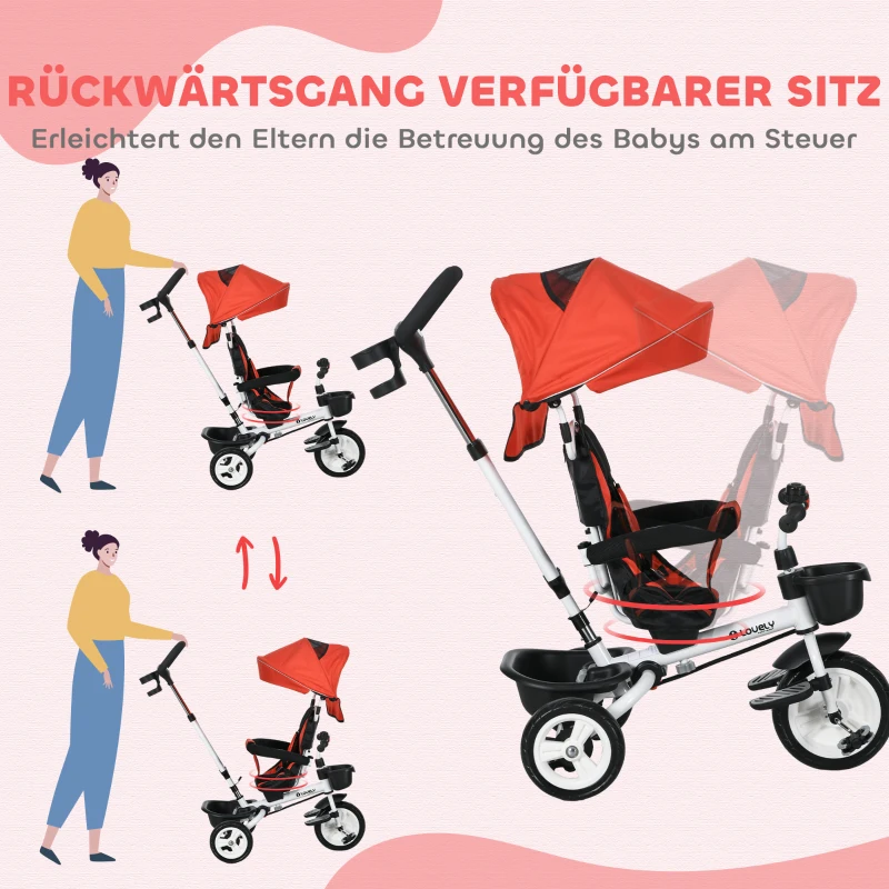 HOMCOM 6-in-1 Kinderdreirad met Duwstang, Zonnescherm, Gordel, Opbergmand, 18+ Maanden, Rood