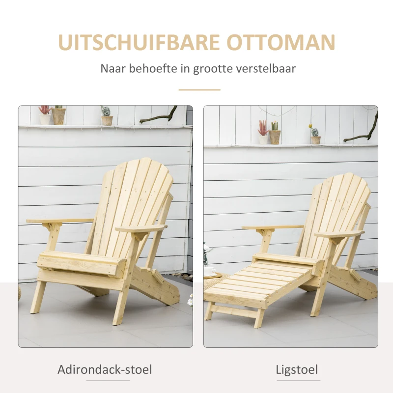 Outsunny Adirondack Tuinstoel met Voetensteun Opvouwbaar Ligstoel Buitenmeubilair Grenenhout Natuur 78 x 140 x 94 cm