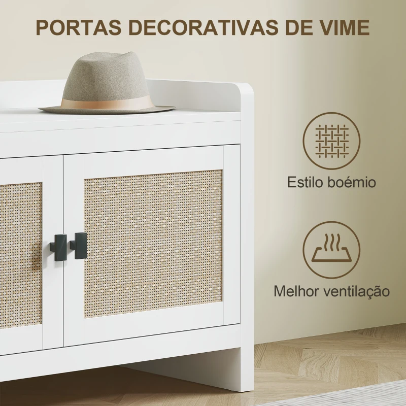 HOMCOM Banco Sapateira com Portas Frentes de Vime Prateleira para 8 Pares de Sapatos para Entrada Dormitório 80x35x52 cm Branco