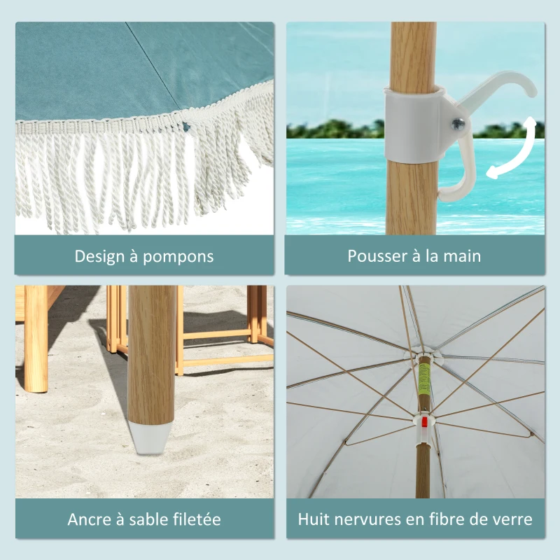 Outsunny Parasol de plage mât effet bois Ø 1,7 m, grand parasol à franges hauteur réglable, UPF50+ sac de transport, bleu clair