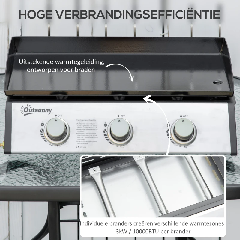 Outsunny Gasgrill met 3 Branders, Slang, Anti-aanbak Grillplaat, Roestvrijstaal, Kleur: Zilver, 63 x 48 x 21 cm