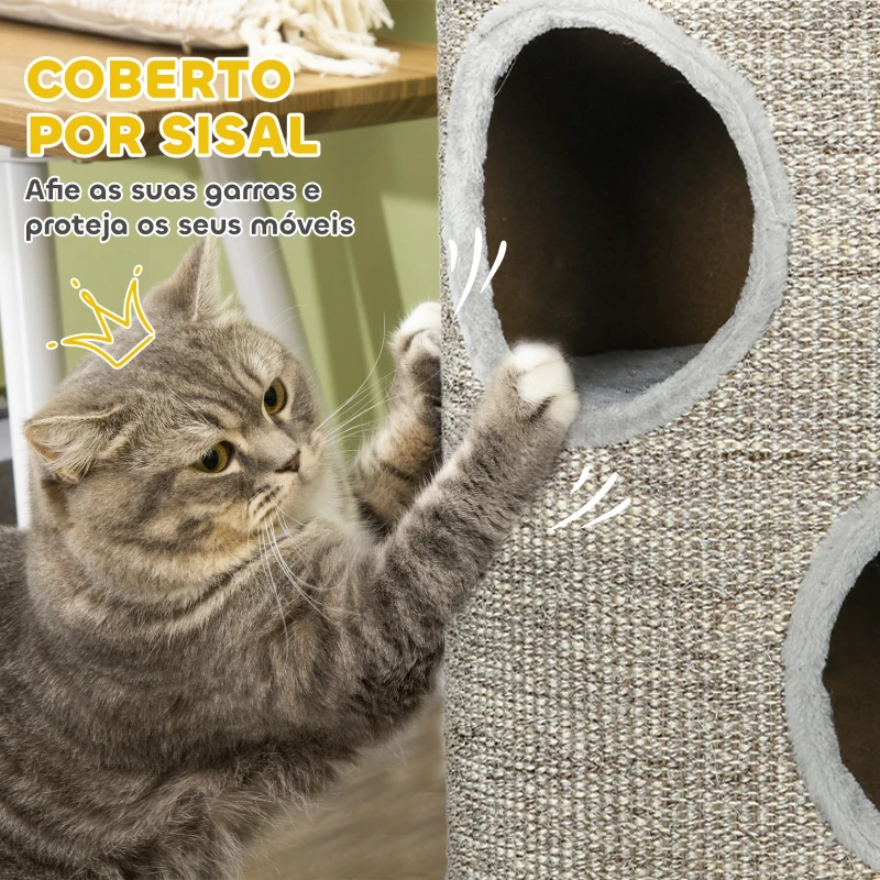 PawHut Barril para Arranhar Gatos de 3 níveis Torre para Arranhar Gatos com 3 Entradas e Tampa em Sisal Ø38x70cm Cinzento Claro